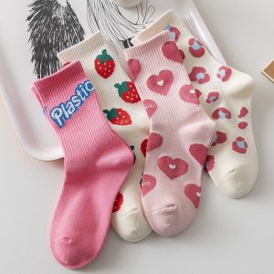 5 Pairs Socks Women Summer Ins Fashion Cute Socks Strawberry Sweet Girl Pink Mid Socks