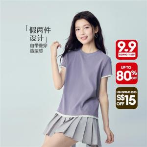 Giordano Women Fake two-piece lettuce edge short sleeve tee Free Shipping 05326412