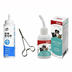 3in1 Dorrikey Pet Ear Hair Removal Pet Hair Plucking Powder + Ear Cleaning Tweezers + Bioline Ear Care 50ml