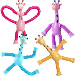 4 Pack Telescopic Suction Cup Giraffe Toy Sensory Tubes for Toddlers Fidget Toys for 3 4 5 6 7 8 Year Old Boys & Girls Fun Stocking Stuffers for Kids