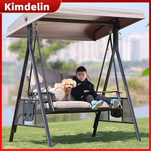 KIMDELIN 3-Seat Outdoor Patio Porch Swing with Weather Resistant Steel Frame Adjustable Tilt Canopy Cushions and Pillow Included