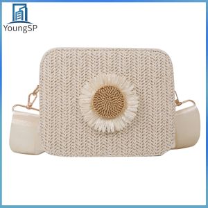 [Fast Delivery] Ladies Square Shopper Bag Straw Plaited Sunflower Bag Adjustable Shoulder Straps Solid Color PU Classic Style for Travel