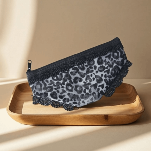 MECOME Leopard Print Panties Shaped Makeup Pouch Lace Trimmed Zippered Mesh Cosmetic Bag Stylish Portable Storage Pouch Daily Use