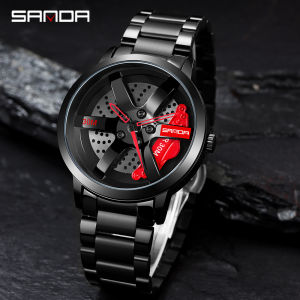 SANDA Fashion Luxury Brand Mens Rotating Wheel Stainless Steel Car Hub Watch Casual Military Waterproof Quartz Business Watch