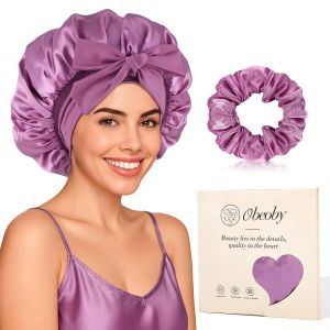 Double-Layer Satin Silk Sleep Bonnet for Women with Adjustable Tie Band - Hair Protection for Curly Natural Wavy Hair - Includes 1 Free Silk Hair Scrunchies Light Gold