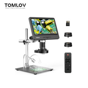 TOMLOV DM602 Pro 10.1 Inch HDMI Digital Microscope 2000X Upgraded Pro Boom StandLCD Soldering Microscope with 3 Lens Coin Microscope with Ring Light Biological Slide MicroscopePC Compatible64G