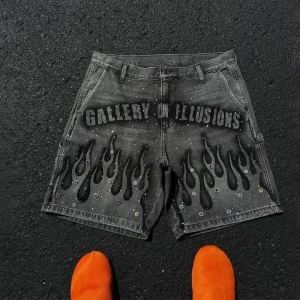 Gothic retro hot diamond denim shorts mens clothing street Harajuku Hiphop High waist jeans mens shorts casual pants2026