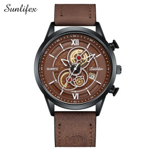 Sunlifex Jam Tangan Pria 9113 Tanggal Analog Santai Kuarsa Tali Kulit Jam Tangan Cowok COD