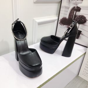 Giày sandal Barbie mũi bầu 2 lớp đế cao 15cm quai đính đá sang chảnh Giày cao gót bít hậu tiểu thư Shop MT 1