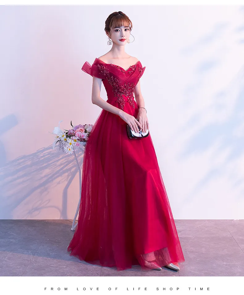 Glary Star One-shoulder Toast Dress Banquet Wine Red Evening Gown