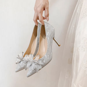 [Free Shipping] Crystal Shoes 2026 Spring And Autumn New Silver Wedding Shoes Rhinestone Bow Pointed Toe High Heels WomenS Stiletto Pumps