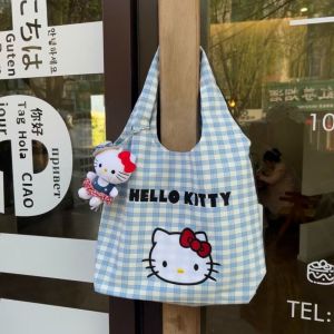 ESH63 Printed Kitty Cat Canvas Bag Cartoon Plaid KT Cat Shoulder Bag Fashionable Large Capacity Blue Plaid  Handbag Girl