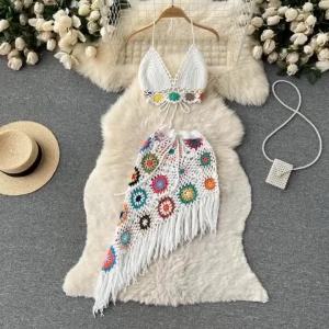 2023 Summer Bohemian Style Hand Crochet Hollow v-Neck Tube Top+Irregular Fringed Skirt Beach Two-Piece Female㏇X0410