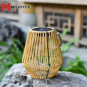 MOJOYCE Rattan Bamboo Lamp IP65 Waterproof Rattan Solar Lantern Retro Rattan Solar Light