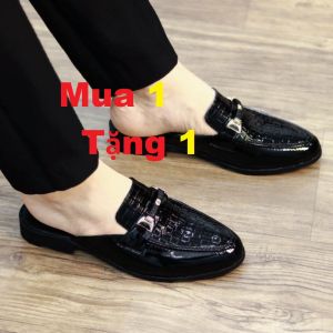 Giày sục nam da bóng dập vân ô vuông thời trangđính kèm đai ngang phong cách