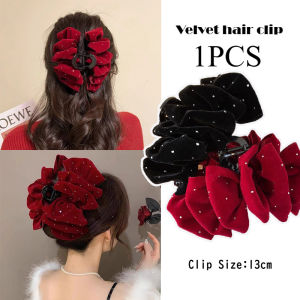 Elegant Velvet Bow Hair Clip Starry Rhinestone Hair Claw Fashion Solid Color Hair Clamp for Women
