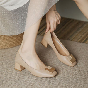 รองเท้าส้นสูง5ซม. สำหรับผู้หญิงรองเท้าออฟฟิศหนังนิ่มสบายหัวเหลี่ยม