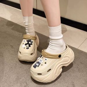 [Free Shipping] WomenS Summer High-Heeled Perforated Sandals For Outdoor Wear Non-Slip EVA Thick-Soled Height-Increasing Stylish Beach Closed-Toe Sandals
