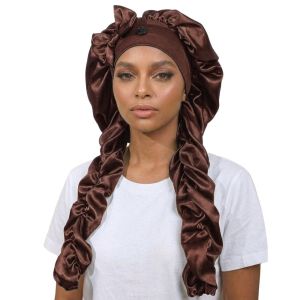 CRUSHES Satin Material Sleep Bonnet Non-Slip Design Long Curling Ribbons Heatless Curl Bonnet Stylish Soft Fabric Satin Bonnet For Sleeping