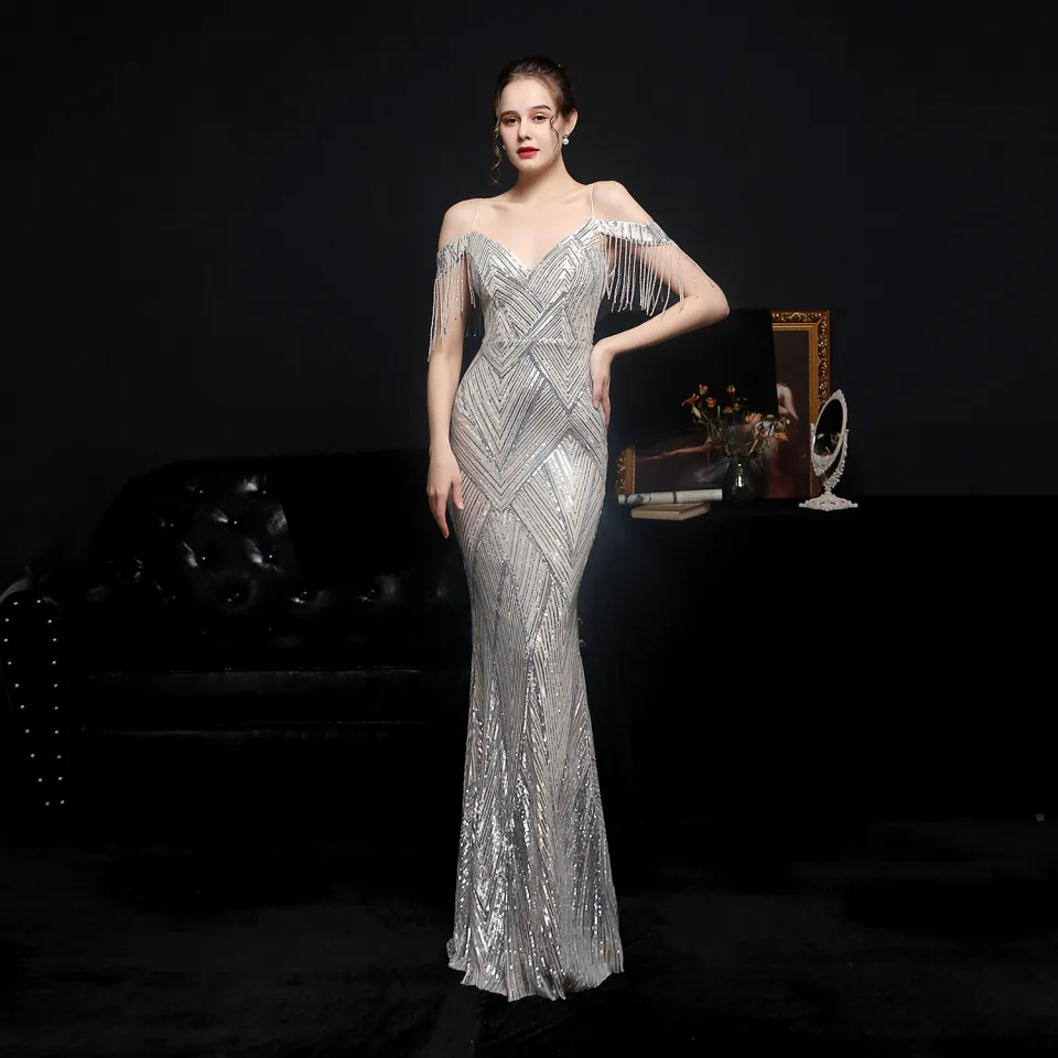 New Design Sequin Long Maxi V Neck Evening Dresses Women Dinner Party  Dresses Annual Meeting Elegant Formal Gwon Bodycon Prom Dress