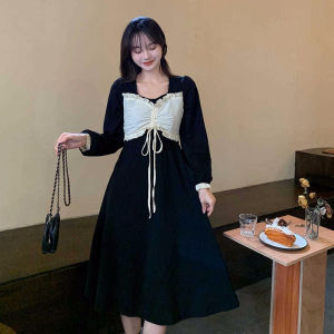 IELGY black first love mid-Length stitching receiver waist slim dress female