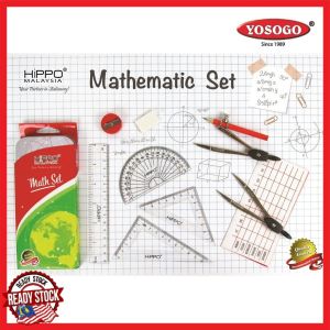 [super stationery] Hippo Set Instrumen Matematik 10 dalam 1 MS1190 SET PERALATAN GEOMETRI | Mathematical Instruments/ Geometry Set/ Math Set / Set Geometric/ Stationery Protractor Study Compass Set square Eraser Sharpener Ruler for school #MS1190