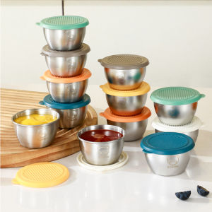 ชามถ้วยซอสสแตนเลส6ชิ้นพร้อมฝาที่เก็บของใส่เครื่องปรุงอาหารตู้เก็บของถ้วยน้ำจิ้มกันรั่วซึมลายหมีน่ารัก