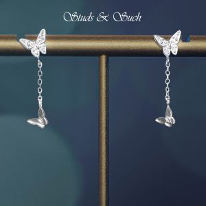 [Studs & Such] 925 Silver Butterfly Stud Earrings With Cubic Zirconia & Dangling Mini Butterfly