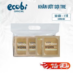 Túi 50 gói khăn ướt vải sợi tre kháng khuẩn EcoBamboo travel size gói 1 tờ không mùi an toàn cho bé