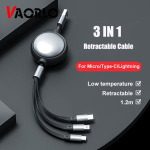 VAORLO 1.2m 3 in 1 USB Cable Micro USB Lightning Type C Cable Retractable USB C Charging Cable TPE Charger Cord For Samsung OPPO Huawei Xiaomi Realme