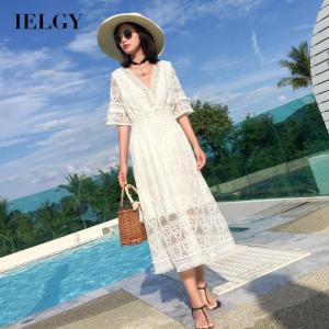 IELGY Long Fringed Lace Thin Solid color Short sleeves Lollow V-neck Temperament Womens dress