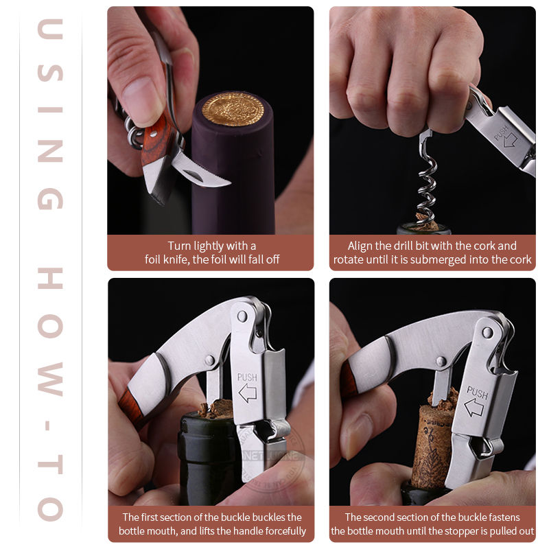Onetwone Wood Handle Professional Waiter Corkscrew With PU Storage Bag, Stainless Steel Multifunctional Wine Opener & Foil Cutter
_voghion.com