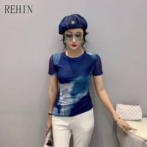 REHIN Womens top Halo mesh short sleeve T-shirt round neck slim fit S-3XL cotton print elegant blouse