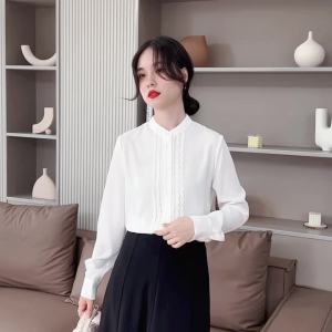 AMMIN 2024 Early Autumn Stand Collar Ruffled Single Breasted White Commuter Chiffon Shirt Womens Korean Style Long Sleeve Commuter Elegant Blouse