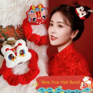 HUIHEYU Red Hair Rope New Year Elastic Hair Band Plush Lion Dance New Year Children Headwear Cute New Years Hairpin Girls/Women