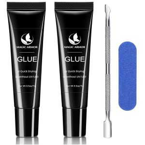 2 x 15g Nail Glue for Press On Nail with Cuticle Pusher Set No UV Needed Nail glue Quick Dry Strong Semi Solid Glue for Press On Long Lasting Adhesive for Fake Acrylic Nails