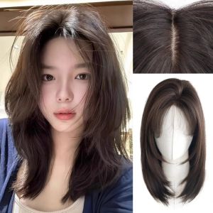 Y2K2 แนวผมธรรมชาติ วิกผมแบบลูกไม้ด้านหน้า ลูกไม้หน้าผาก ซินเธติก วิกบ๊อบมีหน้าม้า ผ้าคลุมศีรษะแบบเต็ม ฟูฟ่อง วิกผมยาวตรง สำหรับผู้หญิง