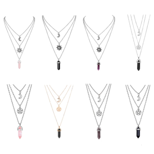 Gothic Necklace Triple Layer Sun Moon Black Charm Clavicle Chain Handmade For Women Outfits
