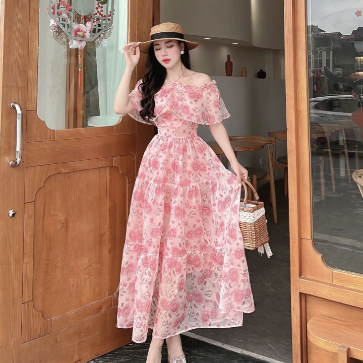 Đầm trễ vai cúp ngực hoa nhí vintage váy maxi đi biển sexy midi có mút Kèm  hình thật - Đầm, váy nữ | ThờiTrangNữ.vn