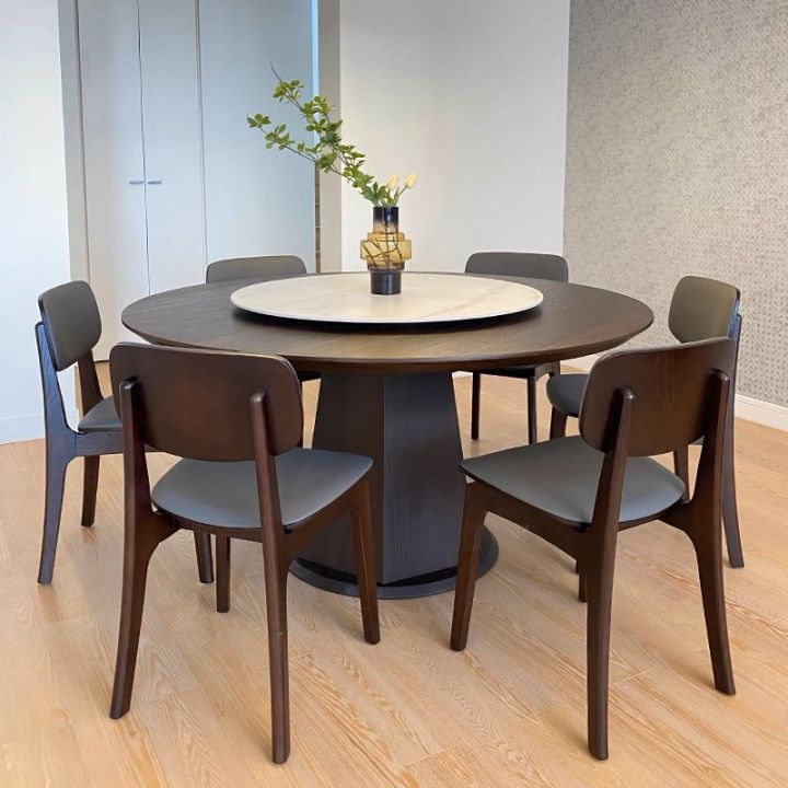 Designer walnut color round table solid wood small household dining table light luxury with ...