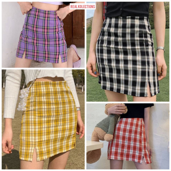 Checkered mini outlet skirt with slits