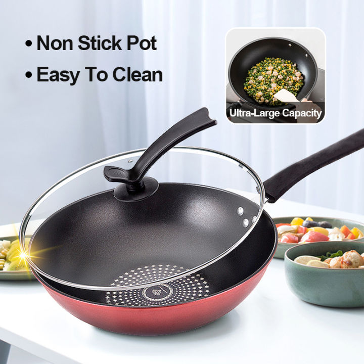 32cm Non Stick Pan Flying Pan with Cover Wok & Stir-fry Pan High ...