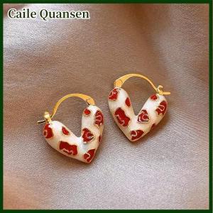 Caile ต่างหูห่วงหัวใจเคลือบสีแดงสุดอินเทรนด์สำหรับผู้หญิงต่างหูแบบห่วงแบบเกาหลีสุดหรูของขวัญเครื่องประดับ