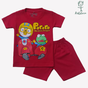 Setelan Kaos Anak laki Laki Seri Kartun Pororo Celana Pendek Anak Usia 1-6 Tahun Katun Warna Merah