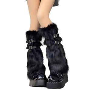 Fuzzy Faux Furs Leg Warmers Furs Heels Long Boots Cuffs Cover Belt Buckle One Pair Carnivals Boot Cover Y2K JK