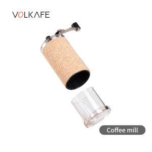 VOLKAFE manual coffee mill with cork handle and transparent container.