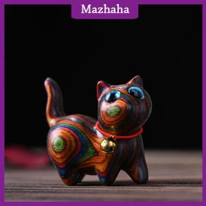Mazhaha ไม้สีรุ้งแกะสลักรูปปั้นแมวเครื่องประดับแมวน่ารักตั้งโต๊ะไม้แมวอุปกรณ์สำนักงานบ้านของที่ระลึกการตกแต่งของขวัญ