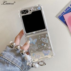 Cute Cartoon Butterfly Bracelet Case for Samsung Galaxy Z Flip 5 4 3 6 Flip5 flip4 Cat Dog Mirror Make Up Wrist Chain Cover