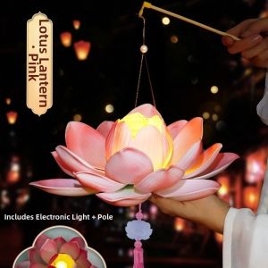 JACAUY DIY Handheld Lotus Lantern Material Kit Luminous Ancient Style Festival Lotus Lantern Long Pole Lotus Lantern Kit Mid-Autumn Festival
