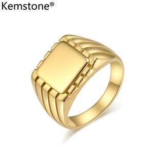 Kemstone thép không gỉ con dấu vuông bóng bạc đen mạ vàng nam trang sức Nhẫn quà tặng